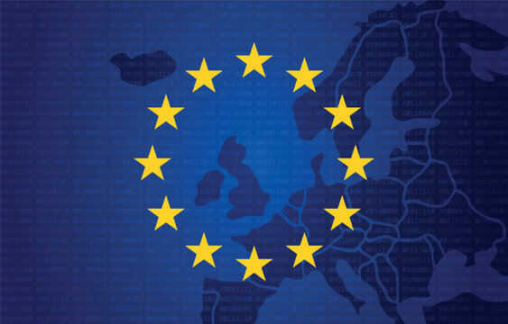 European Union flag, EU flag over the map of Europe, EU flag and binary future technology map, blue cyber security concept background. Union of europe symbol. Blue flag with circle stars. Official