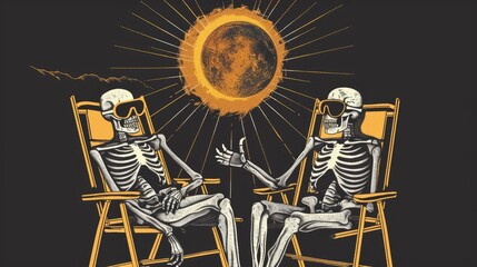 Two skeletons sitting in lawn chairs watching a total solar eclipse - obrazy, fototapety, plakaty