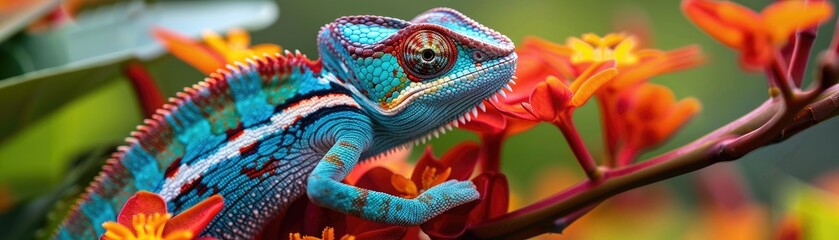 Colorful chameleon amidst tropical flowers, bright daylight, macro lens, high saturation, soft shadows - obrazy, fototapety, plakaty