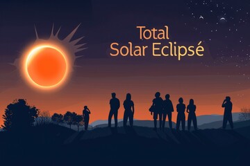 Group people looking at total solar eclipse with the text Total Solar Eclipse - obrazy, fototapety, plakaty