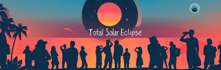 Fotobehang Group people looking at total solar eclipse with the text Total Solar Eclipse © EMRAN
