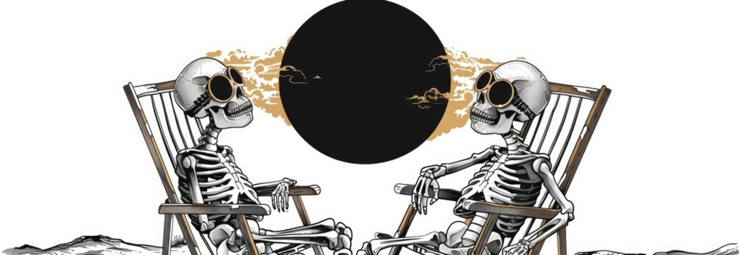 Two skeletons sitting in lawn chairs watching a total solar eclipse