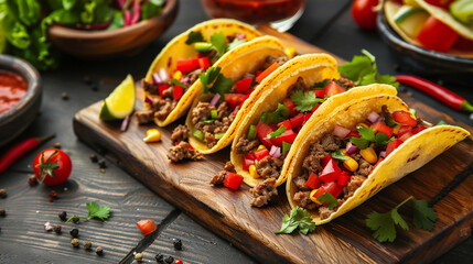 Mexican tacos on a wooden plate, Generative AI,