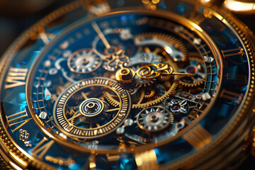 Detailed view of a shiny gold and blue pocket watch, showcasing intricate design and craftsmanship