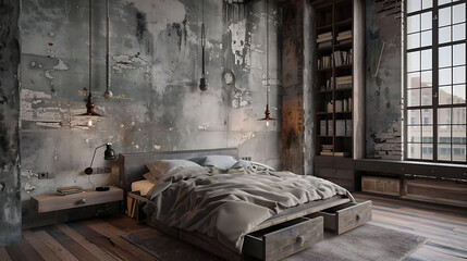 Industrial-style bedroom with a textured concrete wall and pull-out drawers under the bed