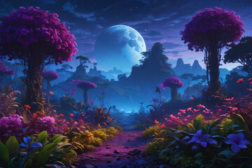 night jungle landscape with plants and vegetation - obrazy, fototapety, plakaty