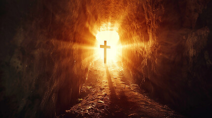 conceito cristão de páscoa Jesus Cristo Orando sinceramente e dando glória a Deus com cruz dentro de luz brilhante