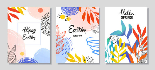 Colorful Easter set of posters, cards or flyers. Vector templates with abstract shapes and spring plants - 765079309