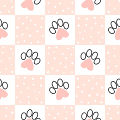 Seamless cat paws pattern with hearts. Textile, fabric design - obrazy, fototapety, plakaty