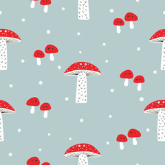 Cartoon mushrooms with eyes seamless pattern. Funny vector print - 765079338