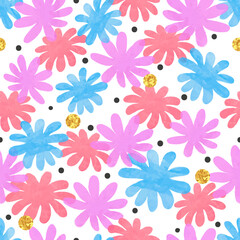 Seamless colorful floral pattern with pink and blue flowers. Vector watercolor illustration