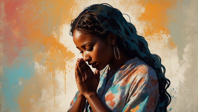 abstract illustration of a beautiful young black African American woman praying with clasped hands. AI generated
