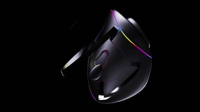 3d render of abstract art video animation with surreal ball sphere sculpture in the dark in matte aluminium metal material with neon glowing lines on surface with silver glossy stripes around on black