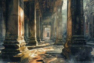 Monumental Angkor wat temple. Asia ruin monument architecture tourism. Generate Ai