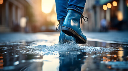 
Feet in blue rubber boots rain puddles on the background of a city street, fun in the rain - obrazy, fototapety, plakaty