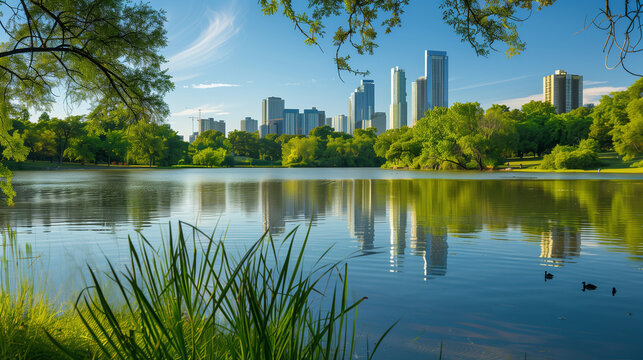 lake with a city skyline in the background. The lake is calm, reflecting the surrounding greenery and the tall skyscrapers of the city