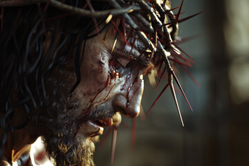 Portrait of suffering Jesus with crown of thorns on his head with blood close up with space for text or inscriptions, religious motif
