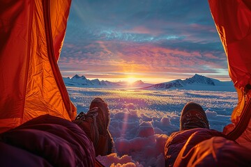An explorers view from inside a tent looking out at a breathtaking polar landscape at sunrise. The silhouette of distant mountains against the brightening sky - obrazy, fototapety, plakaty