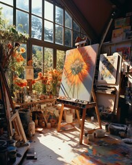 sun-drenched artist's studio, where the chaos of creativity is beautifully organized into a tapestry of colors and textures