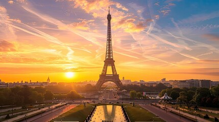 Our image captures the allure of the Eiffel Tower and Parisian parks, bathed in romantic light, with cozy hotels and apartments nearby