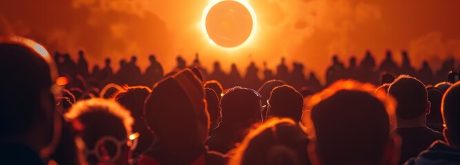 A crowd of people watching the solar eclipse wearing protective glasses