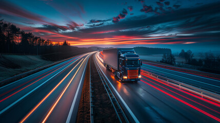 A solitary truck drives down a highway under a vibrant sunset sky with light trails. - obrazy, fototapety, plakaty
