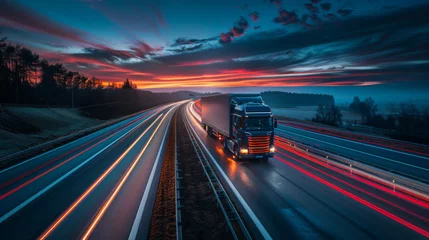 Foto op Plexiglas A solitary truck drives down a highway under a vibrant sunset sky with light trails. © khonkangrua