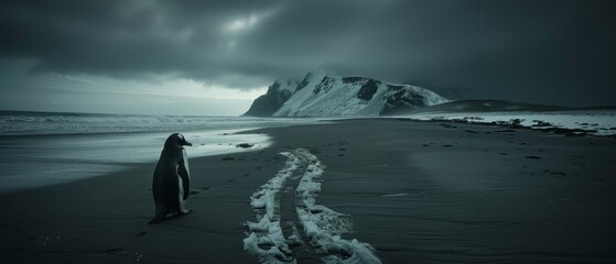 Naklejka premium A monochrome picture of a penguin strolling on a shore beside a snow-capped mountain and sandy terrain