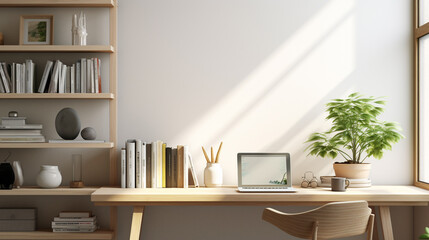 A refined home office concept, with a focus on a wooden desk bearing a coffee cup, scholarly books, and a picture frame mockup