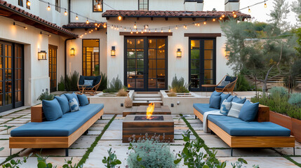 cozy outdoor living space. It features modern furniture with blue upholstered benches and cushions. The house has a light-colored exterior with wooden and glass-pane doors, and string lights - Powered by Adobe