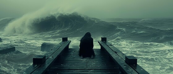  A solitary figure stands on a pier amidst a tranquil lake, with a majestic wave looming behind - obrazy, fototapety, plakaty