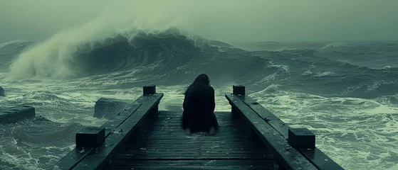   A solitary figure stands on a pier amidst a tranquil lake, with a majestic wave looming behind © Wall