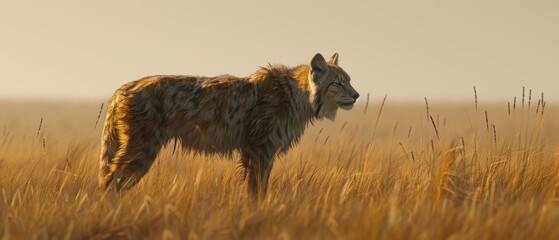  A wolf standing amidst a sea of tall grasses with a hazy sky in the distance