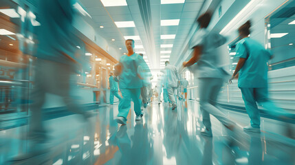 Dynamic scene of healthcare workers on the move in hospital corridor. Blurry figures of doctors in hospital
