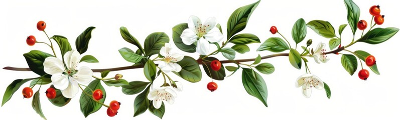 Beautiful white flowers and red berries on the branch with green leaves isolated on a white background