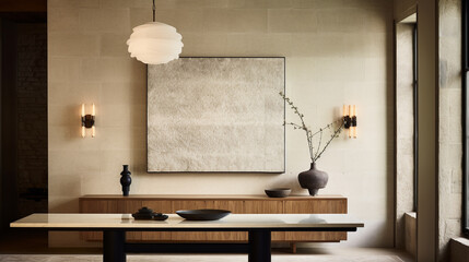 A single oversized frame creating a statement piece on a textured plaster wall, with a modernist painting taking center stage, complemented by track lighting.