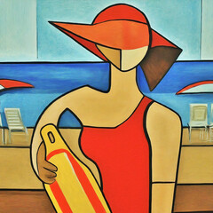 Minimalist cubist abstract of a female lifeguard on patrol along the French Riviera