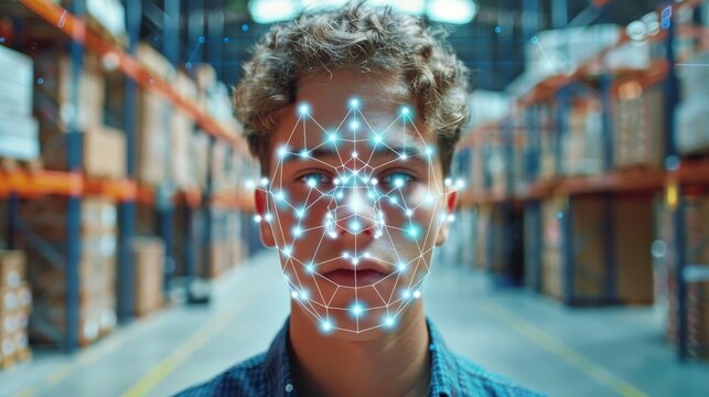 Close-up of a persons face being scanned by a biometric attendance system at a warehouse entrance for employee tracking