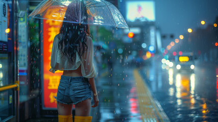 Young lady in rain attire, anxiously awaiting bus at softly lit stop.generative ai