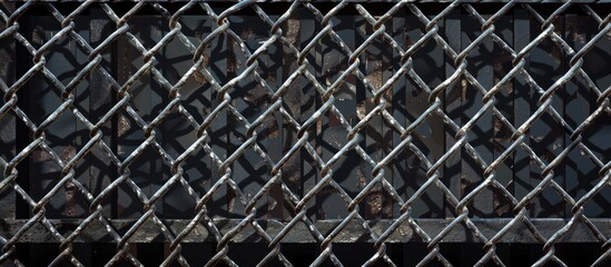 A detailed view of a metal fence showcasing a complex pattern in the metalwork