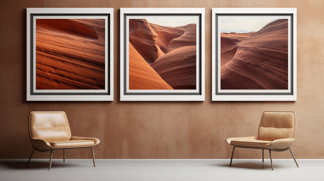 A triptych of narrow vertical frames on a sandstone wall, evenly spaced, exhibiting fine art photography with an emphasis on desert landscapes.
