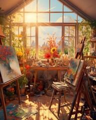 sun-drenched artist's studio, where the chaos of creativity is beautifully organized into a tapestry of colors and textures