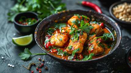 A spicy chicken dish in a rustic bowl garnished with herbs, chilies, and a lime wedge. - obrazy, fototapety, plakaty
