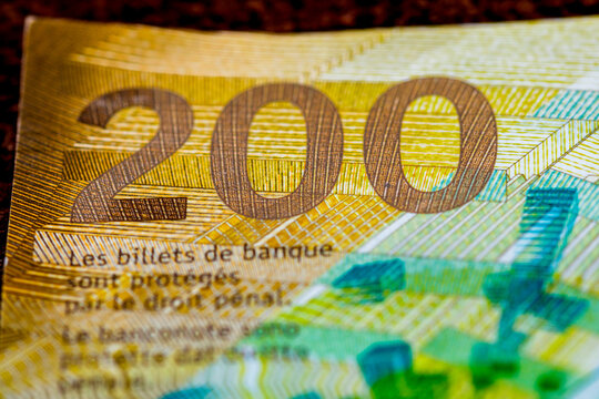 CHF money banknotes, detail photo of swiss franc