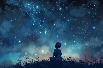 Fototapeta na wymiar Starlit Child Young Dreamer Gazing into the Starry Night Sky, Conceptual Illustration