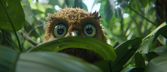  A photo captures an up-close view of a plush toy with large eyes set against a backdrop of foliage, trees, and surrounding vegetation