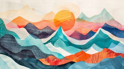 abstract watercolor painting of the sun with a mountain