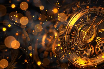 Timeless Elegance, Abstract Background of Vintage Clock Gears and Soft Glowing Lights