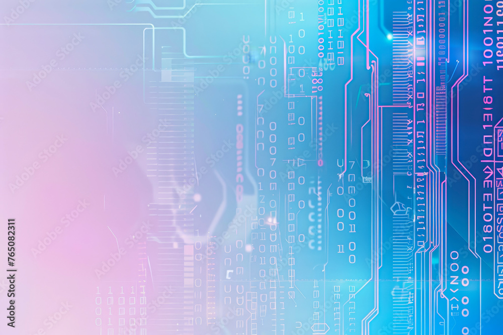 Poster a abstract background with a blue gradient, a white grid, a binary code, and a circuit board
