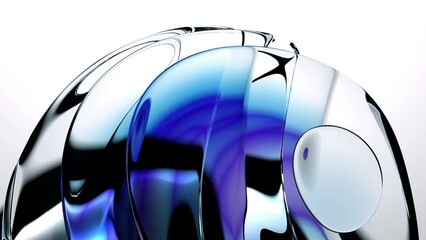 3d render of abstract art video animation of surreal 3d background with part of surreal glass sphere liquid ball sculpture in curved wavy lines forms in purple blue white gradient color with shadow